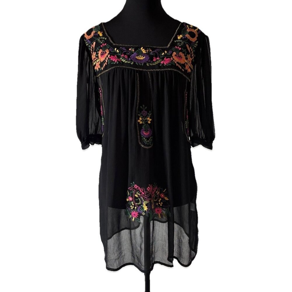 Sienna Rose‎ Floral Embroidered Black Blouse Top Women’s Small SHEER Boho Hippie